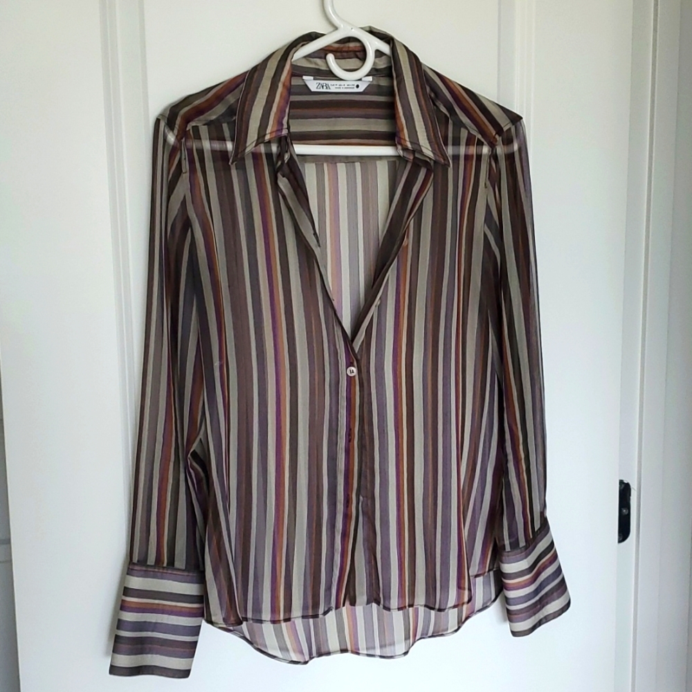 Zara Purple/Brown/Tan striped sheer blouse
